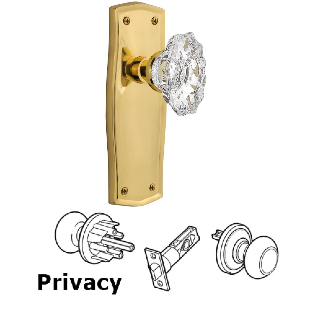 Complete Privacy Set Without Keyhole - Prairie Plate with Chateau Knob in Unlacquered Brass
