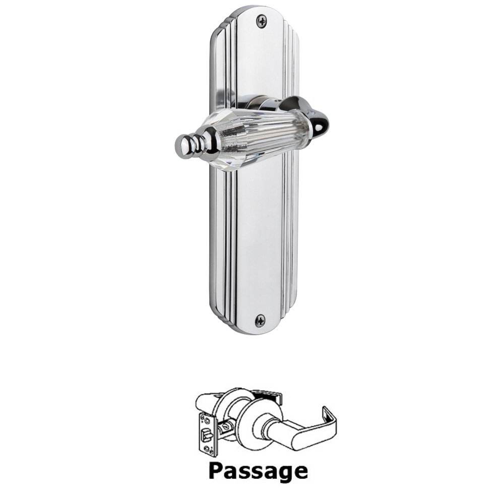 Complete Passage Set Without Keyhole - Deco Plate with Parlor Lever in Bright Chrome