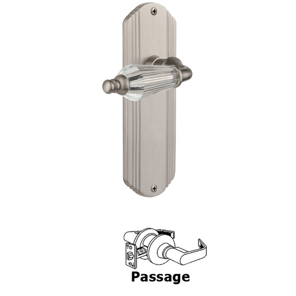 Complete Passage Set Without Keyhole - Deco Plate with Parlor Lever in Satin Nickel