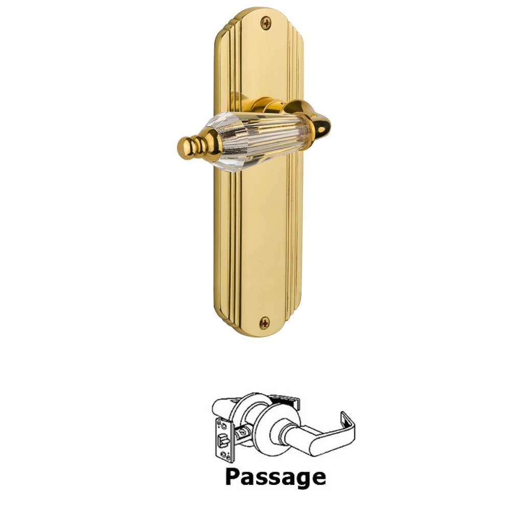 Complete Passage Set Without Keyhole - Deco Plate with Parlor Lever in Unlacquered Brass