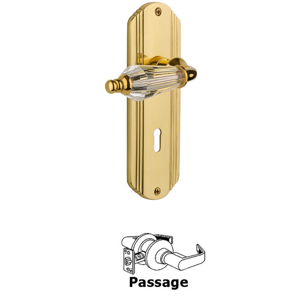 Complete Passage Set With Keyhole - Deco Plate with Parlor Lever in Unlacquered Brass