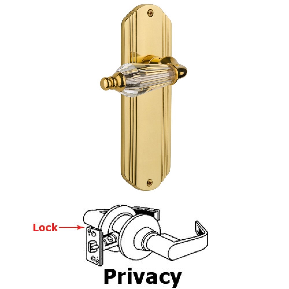 Complete Privacy Set Without Keyhole - Deco Plate with Parlor Lever in Unlacquered Brass