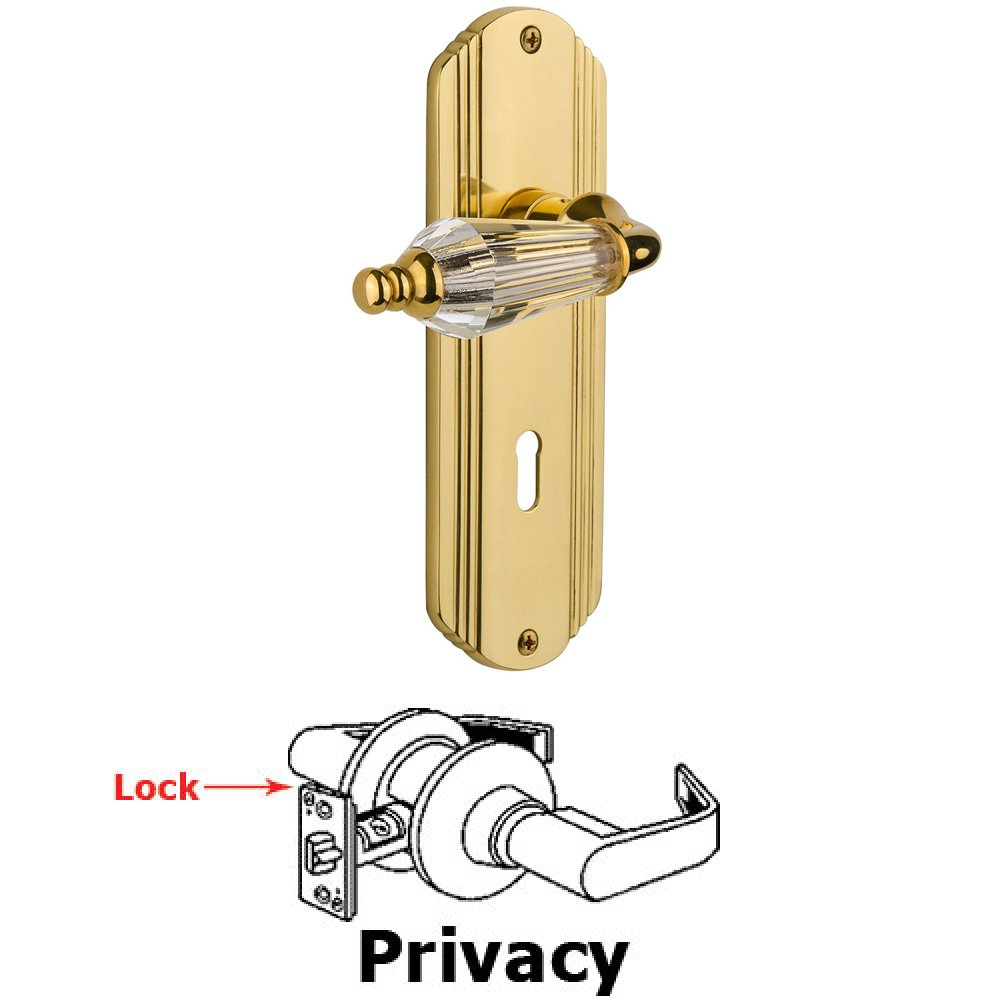 Complete Privacy Set With Keyhole - Deco Plate with Parlor Lever in Unlacquered Brass
