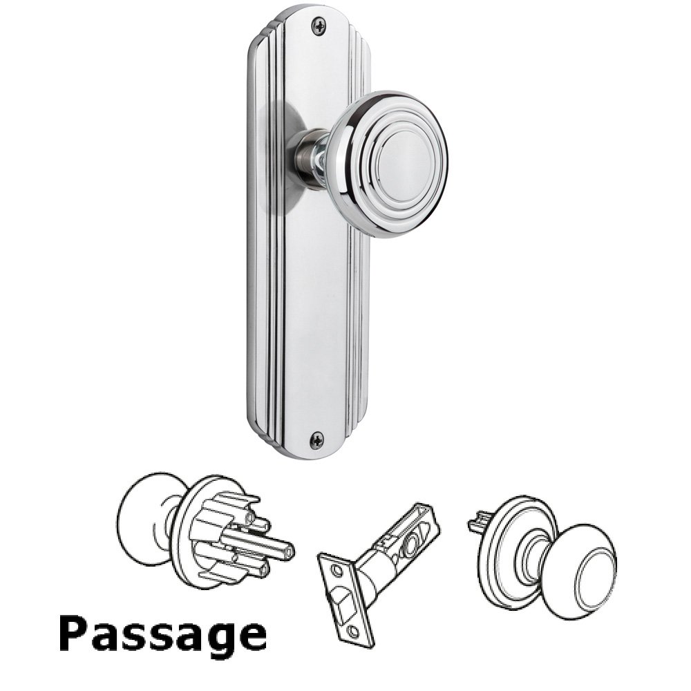 Complete Passage Set Without Keyhole - Deco Plate with Deco Knob in Bright Chrome