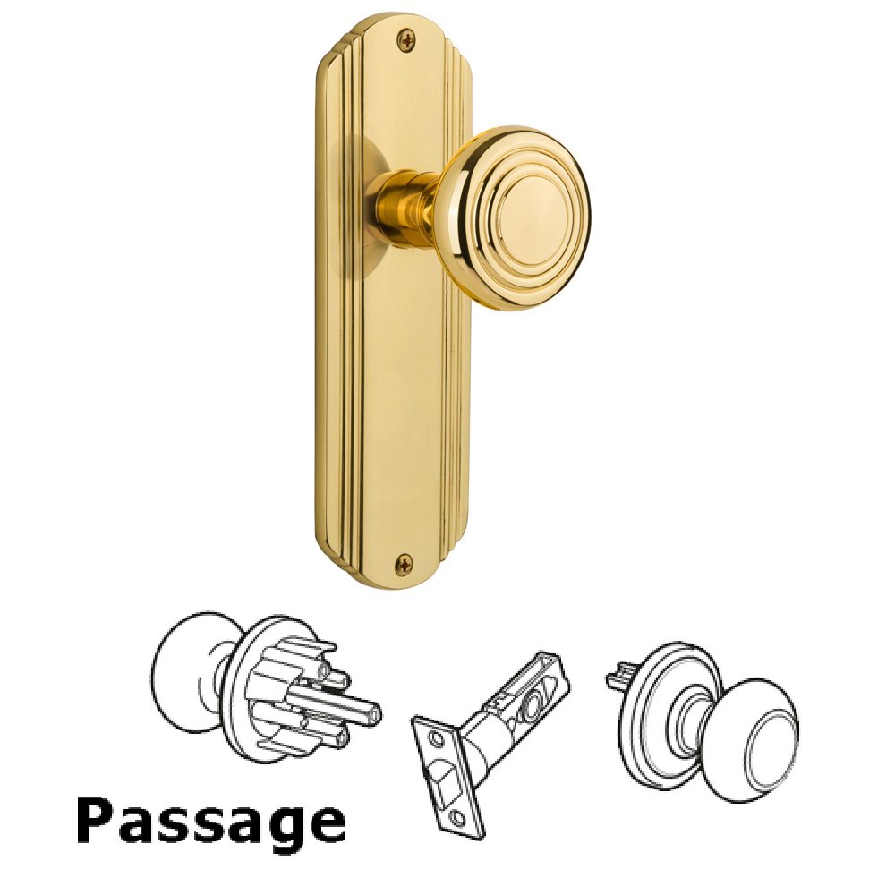 Passage Deco Plate with Deco Door Knob in Unlacquered Brass