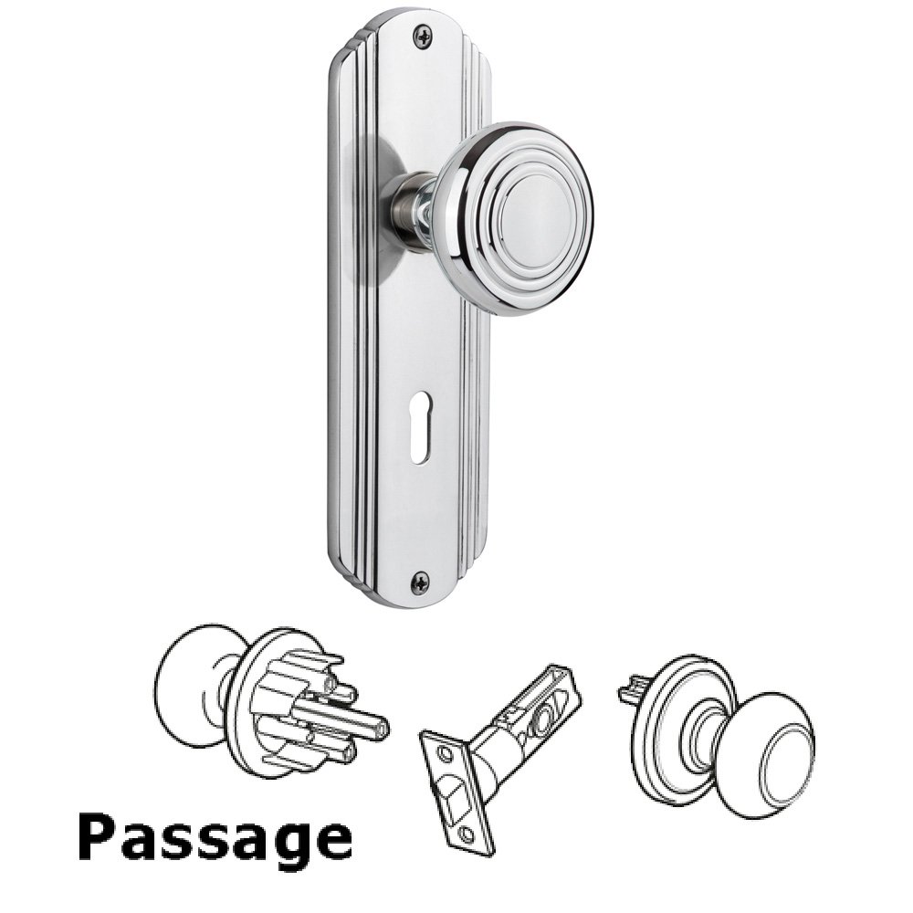 Passage Deco Plate with Keyhole and Deco Door Knob in Bright Chrome