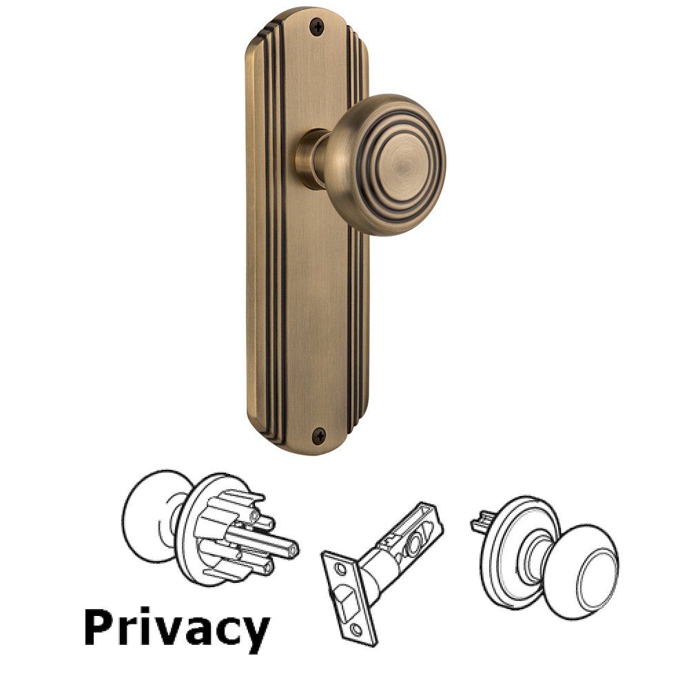 Complete Privacy Set Without Keyhole - Deco Plate with Deco Knob in Antique Brass