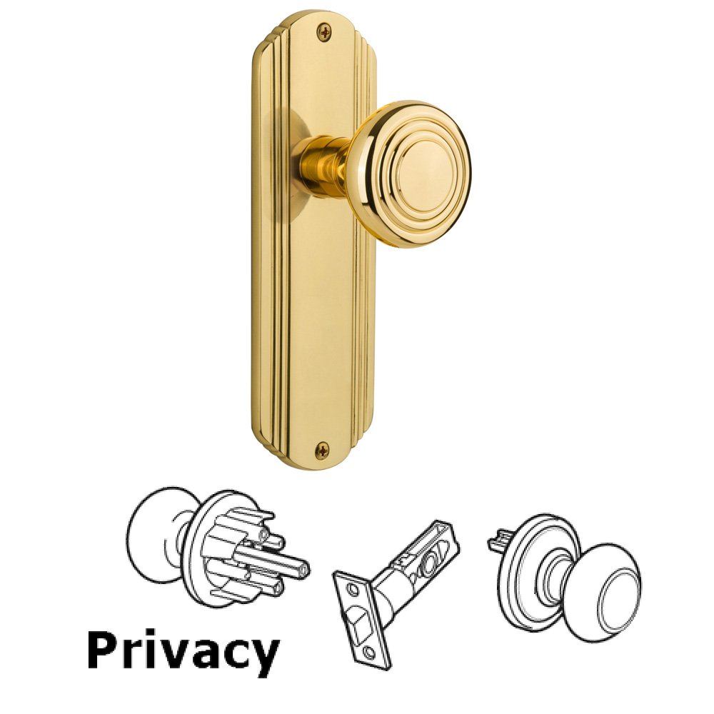 Complete Privacy Set Without Keyhole - Deco Plate with Deco Knob in Unlacquered Brass