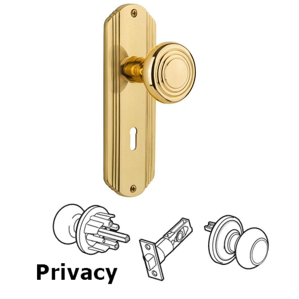 Complete Privacy Set With Keyhole - Deco Plate with Deco Knob in Unlacquered Brass