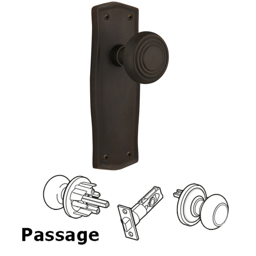 Complete Passage Set Without Keyhole - Prairie Plate with Deco Knob in Oil Rubbed Bronze