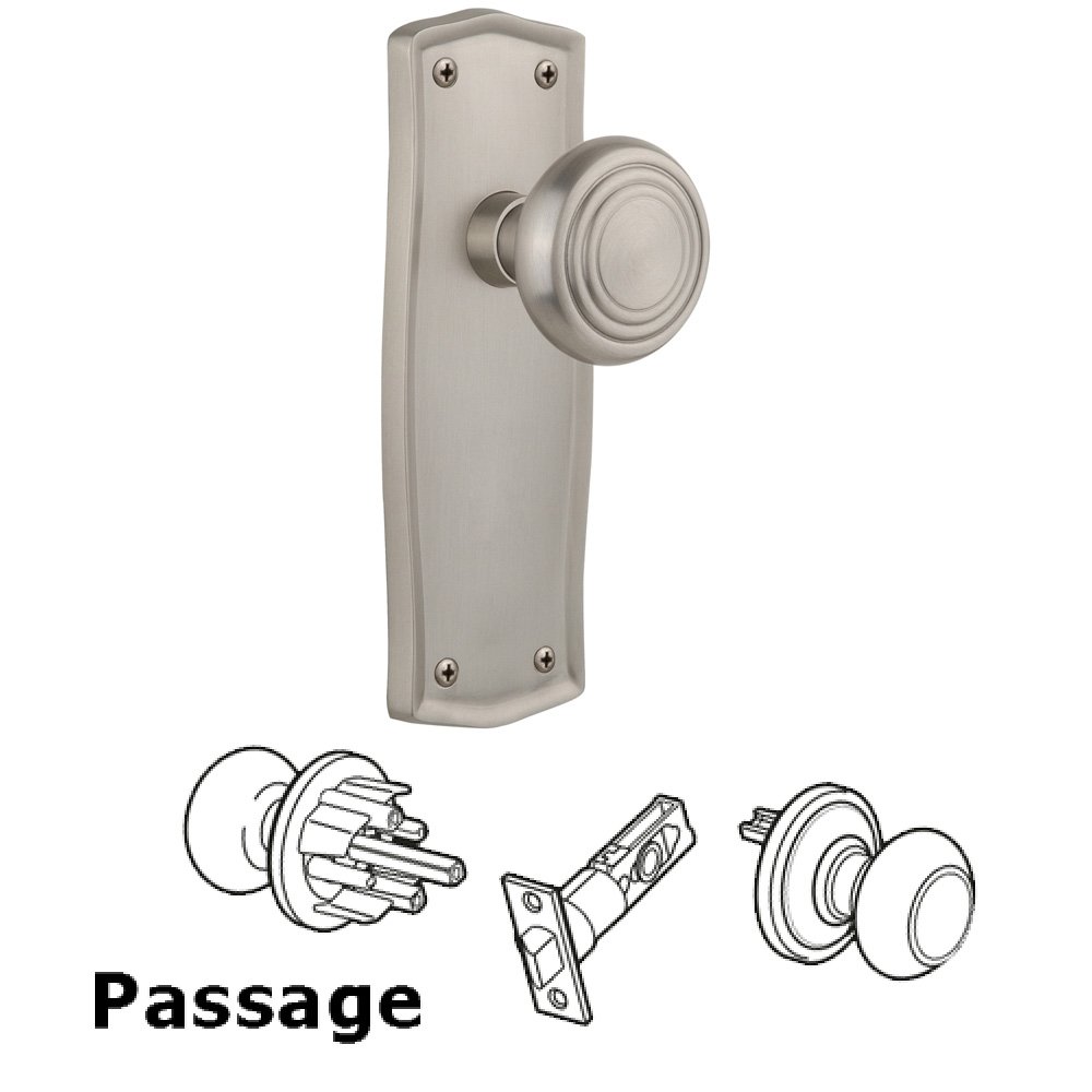 Complete Passage Set Without Keyhole - Prairie Plate with Deco Knob in Satin Nickel