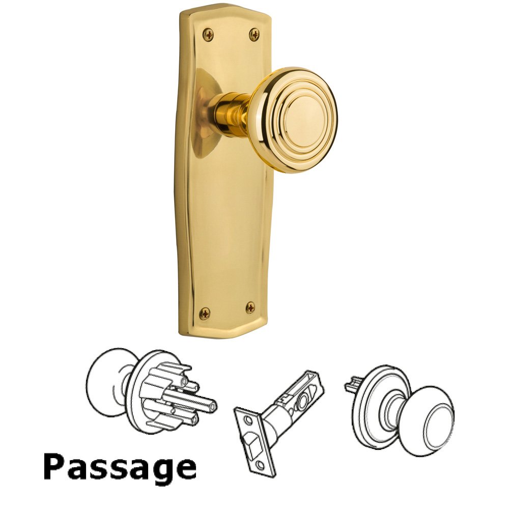 Complete Passage Set Without Keyhole - Prairie Plate with Deco Knob in Unlacquered Brass