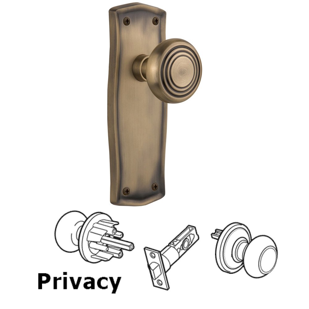 Complete Privacy Set Without Keyhole - Prairie Plate with Deco Knob in Antique Brass