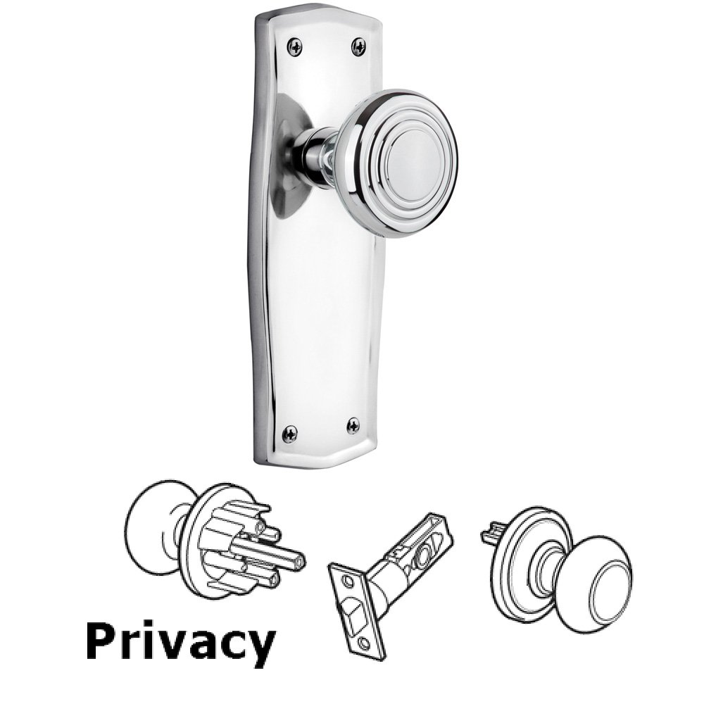 Complete Privacy Set Without Keyhole - Prairie Plate with Deco Knob in Bright Chrome