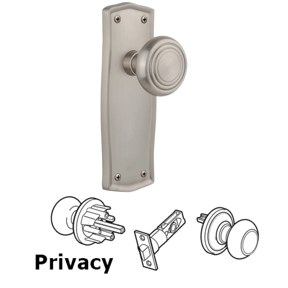 Complete Privacy Set Without Keyhole - Prairie Plate with Deco Knob in Satin Nickel