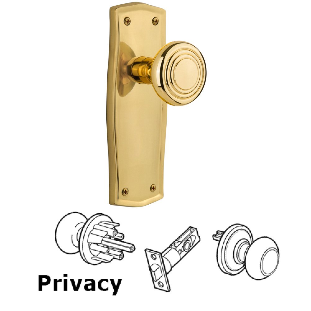 Complete Privacy Set Without Keyhole - Prairie Plate with Deco Knob in Unlacquered Brass