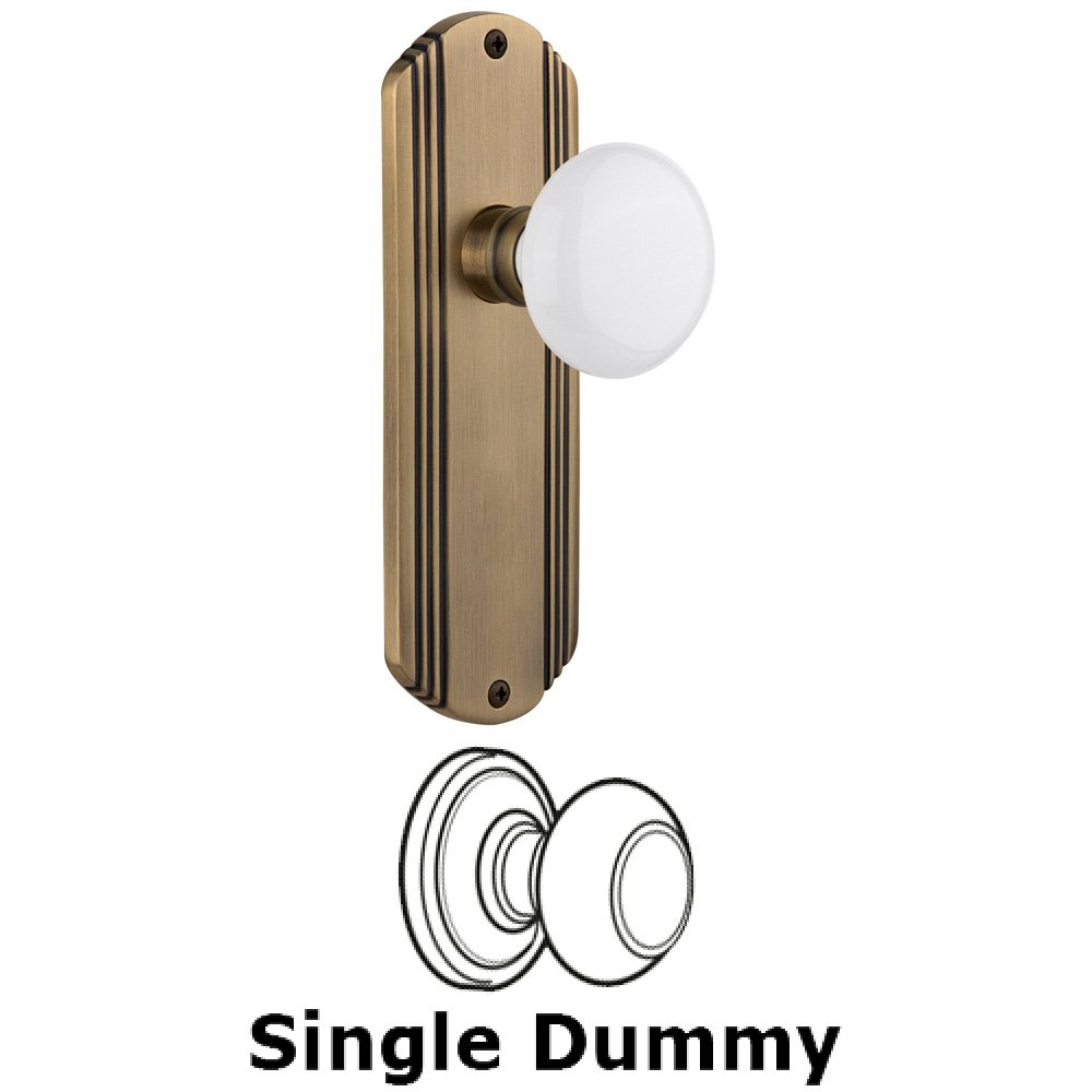 Single Dummy Knob Without Keyhole - Deco Plate with White Porcelain Knob in Antique Brass