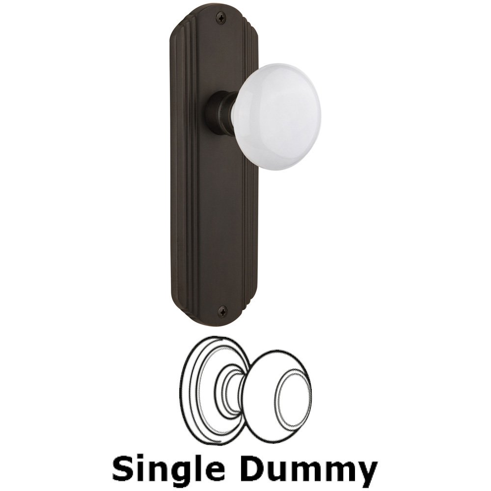 Single Dummy Knob Without Keyhole - Deco Plate with White Porcelain Knob in Oil Rubbed Bronze