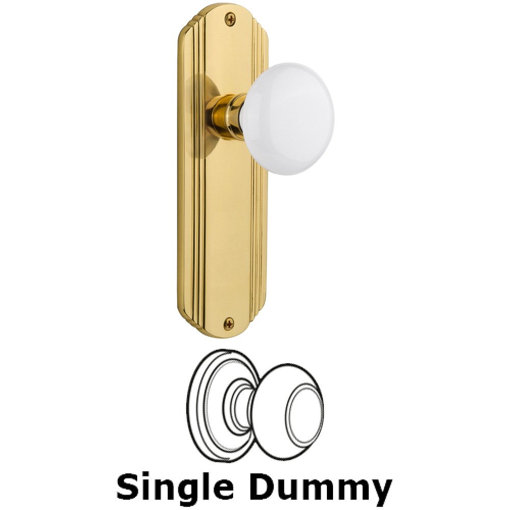 Single Dummy Knob Without Keyhole - Deco Plate with White Porcelain Knob in Polished Brass