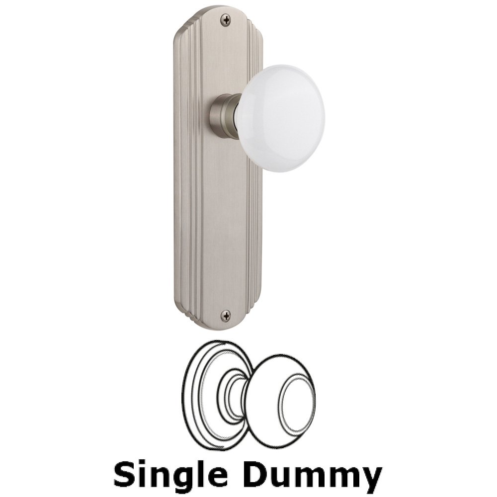 Single Dummy Knob Without Keyhole - Deco Plate with White Porcelain Knob in Satin Nickel