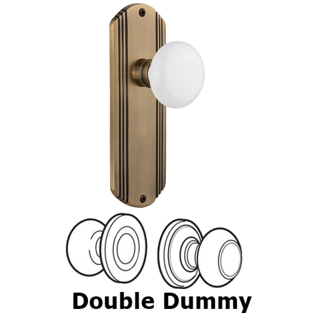 Double Dummy Set Without Keyhole - Deco Plate with White Porcelain Knob in Antique Brass
