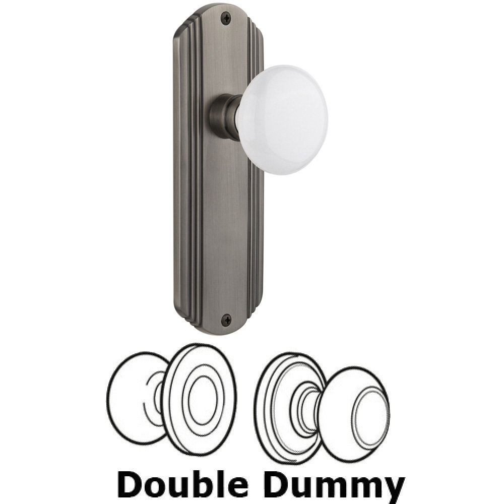 Double Dummy Set Without Keyhole - Deco Plate with White Porcelain Knob in Antique Pewter