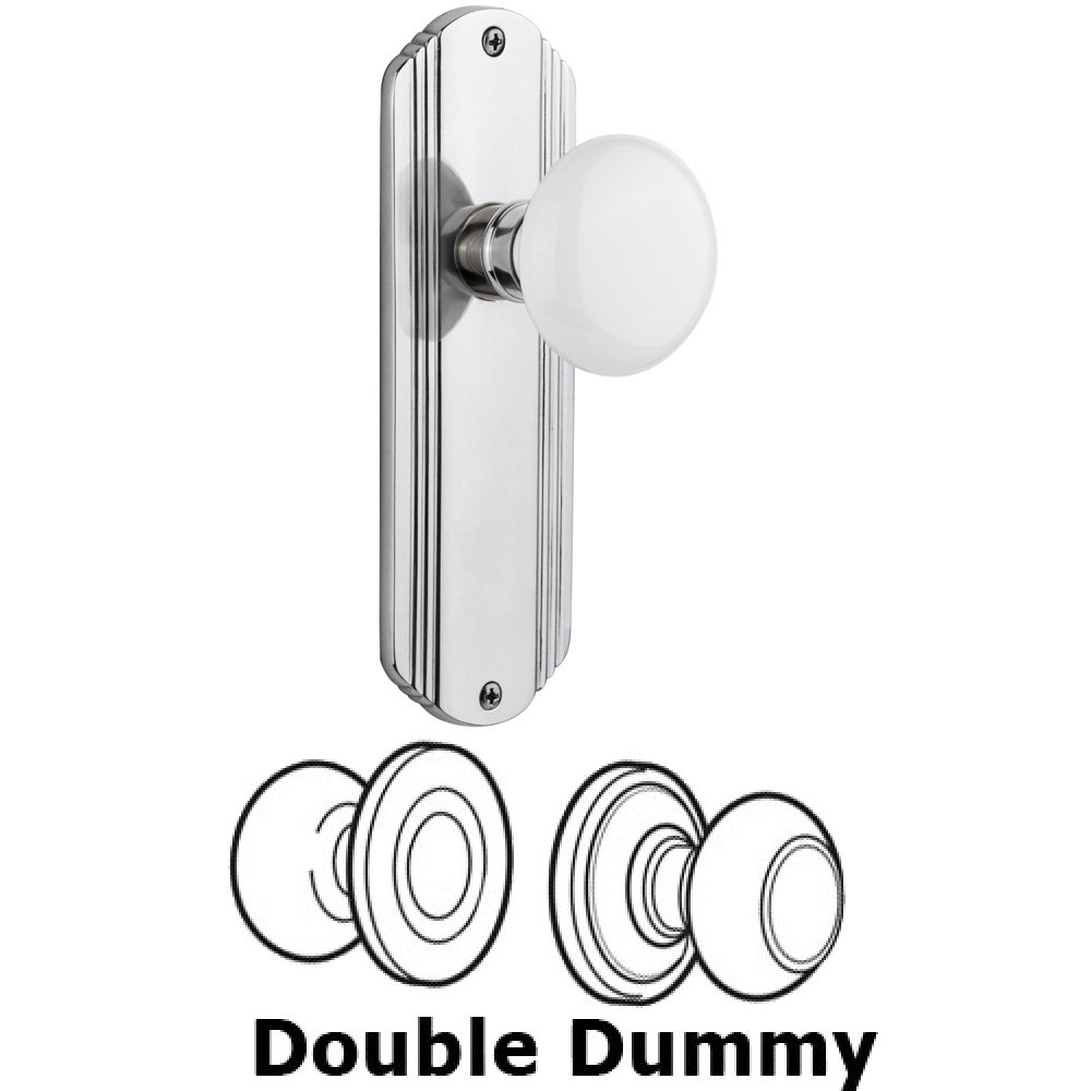 Double Dummy Set Without Keyhole - Deco Plate with White Porcelain Knob in Bright Chrome