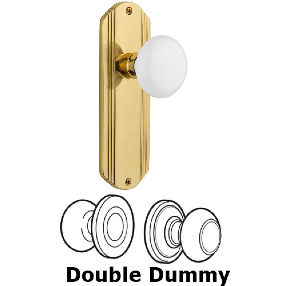 Double Dummy Set Without Keyhole - Deco Plate with White Porcelain Knob in Polished Brass