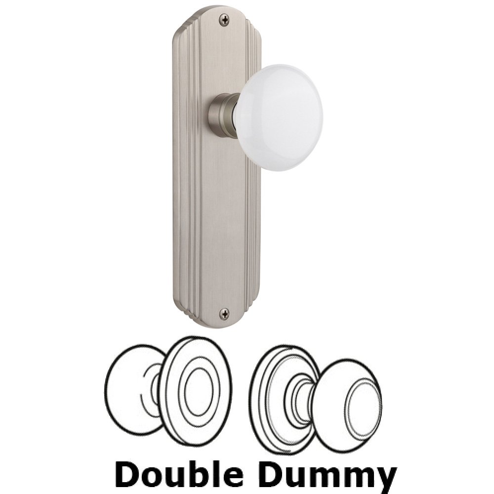 Double Dummy Set Without Keyhole - Deco Plate with White Porcelain Knob in Satin Nickel