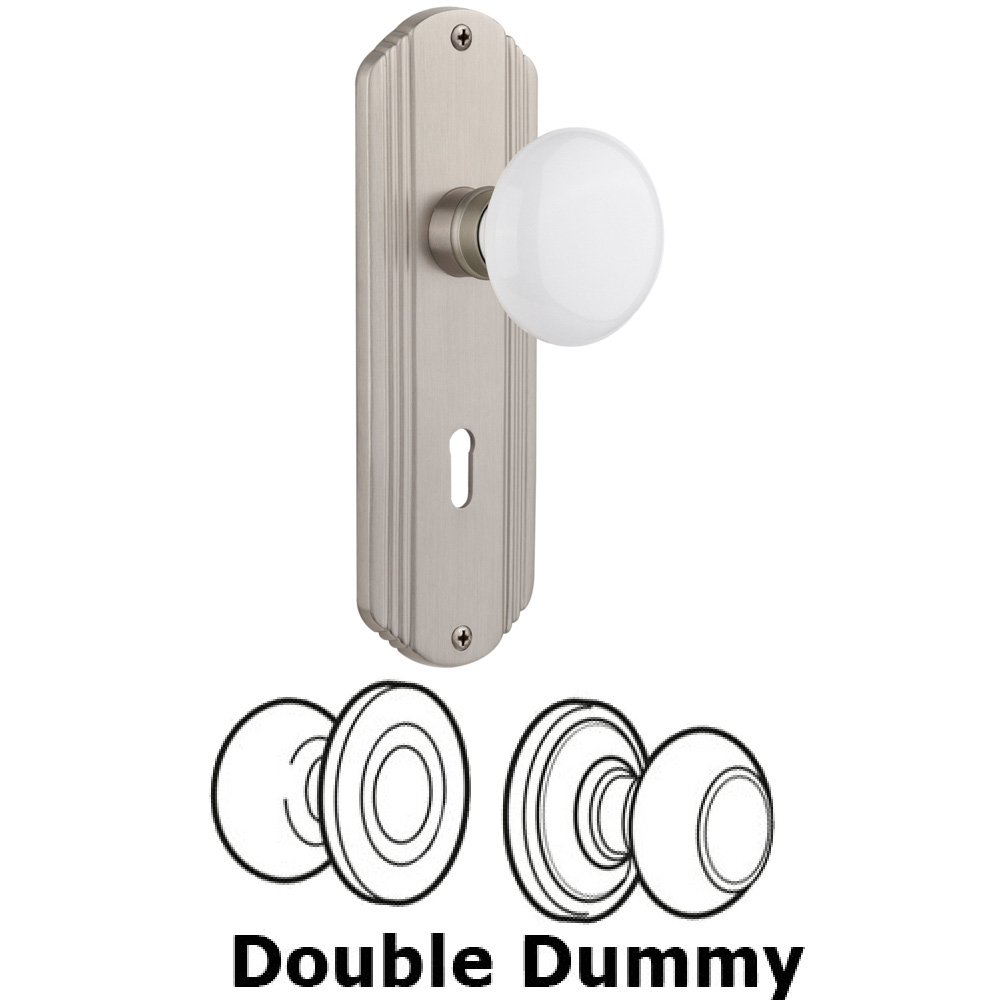 Double Dummy Set With Keyhole - Deco Plate with White Porcelain Knob in Satin Nickel