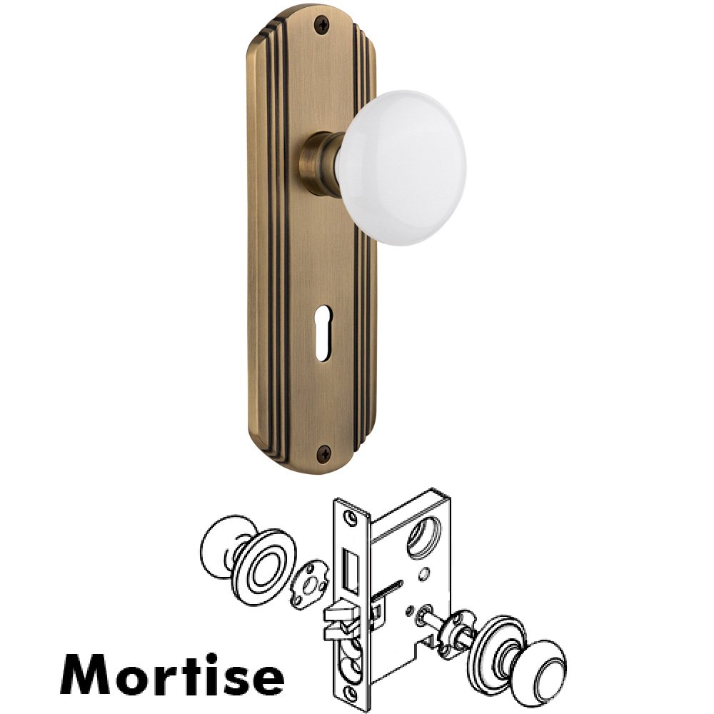 Complete Mortise Lockset - Deco Plate with White Porcelain Knob in Antique Brass