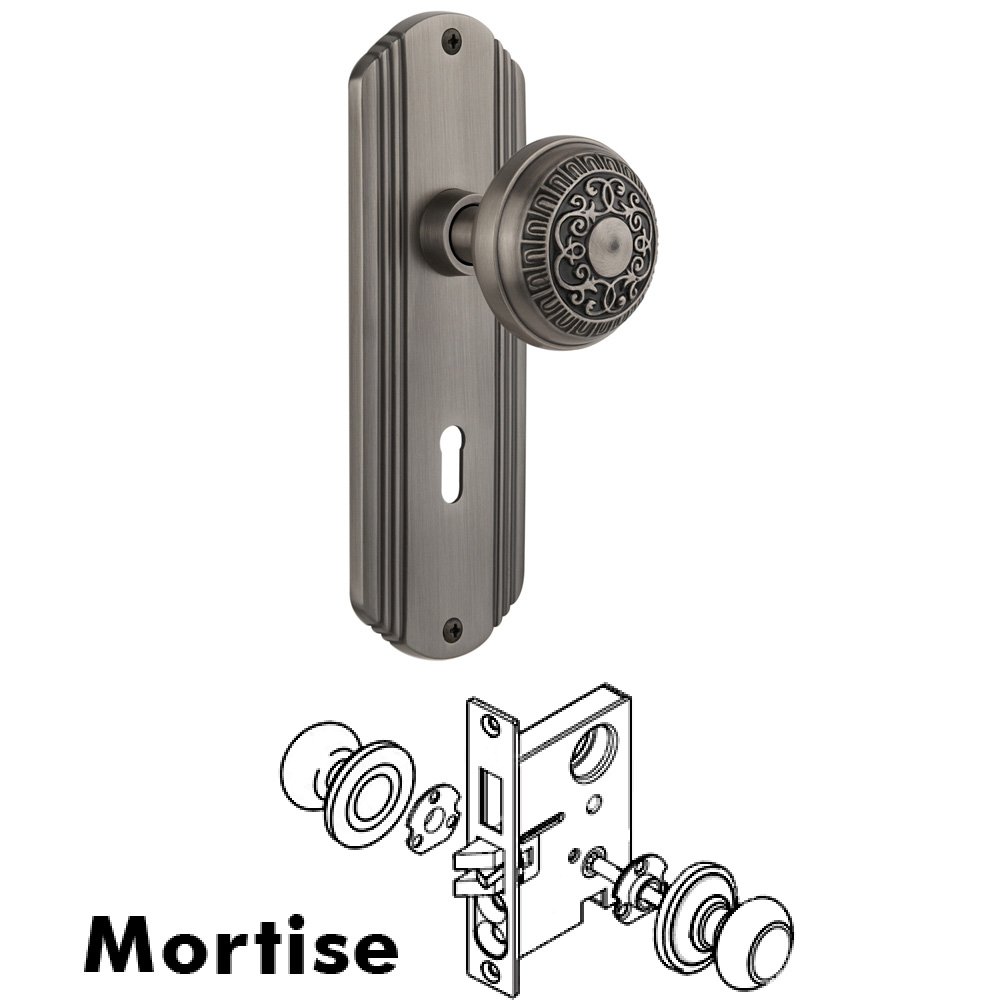 Complete Mortise Lockset - Deco Plate with Egg & Dart Knob in Antique Pewter
