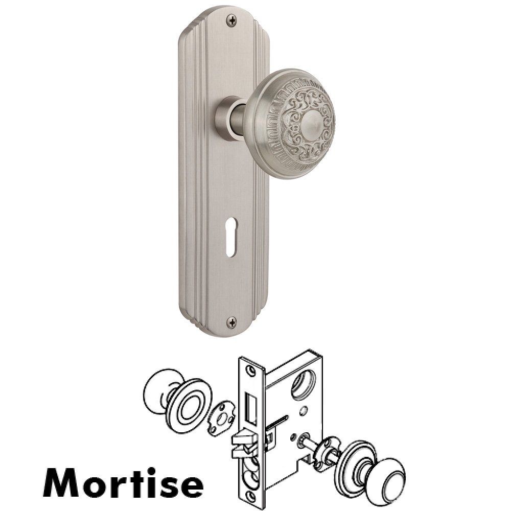 Complete Mortise Lockset - Deco Plate with Egg & Dart Knob in Satin Nickel