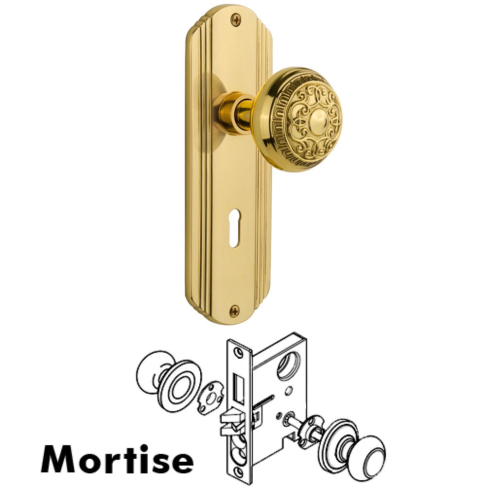 Complete Mortise Lockset - Deco Plate with Egg & Dart Knob in Unlacquered Brass