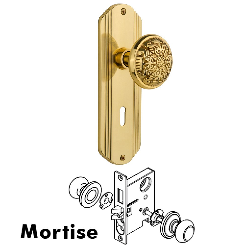 Complete Mortise Lockset - Deco Plate with Eastlake Knob in Polished Brass