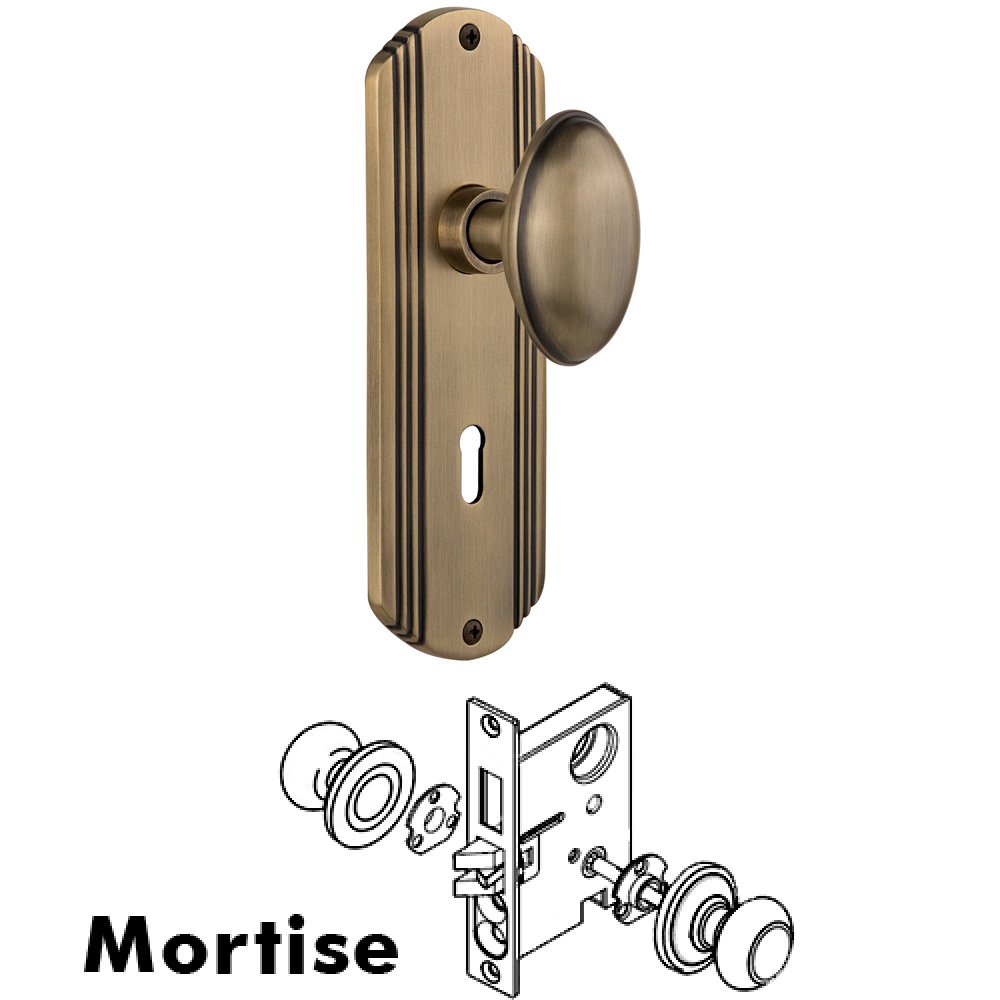 Complete Mortise Lockset - Deco Plate with Homestead Knob in Antique Brass