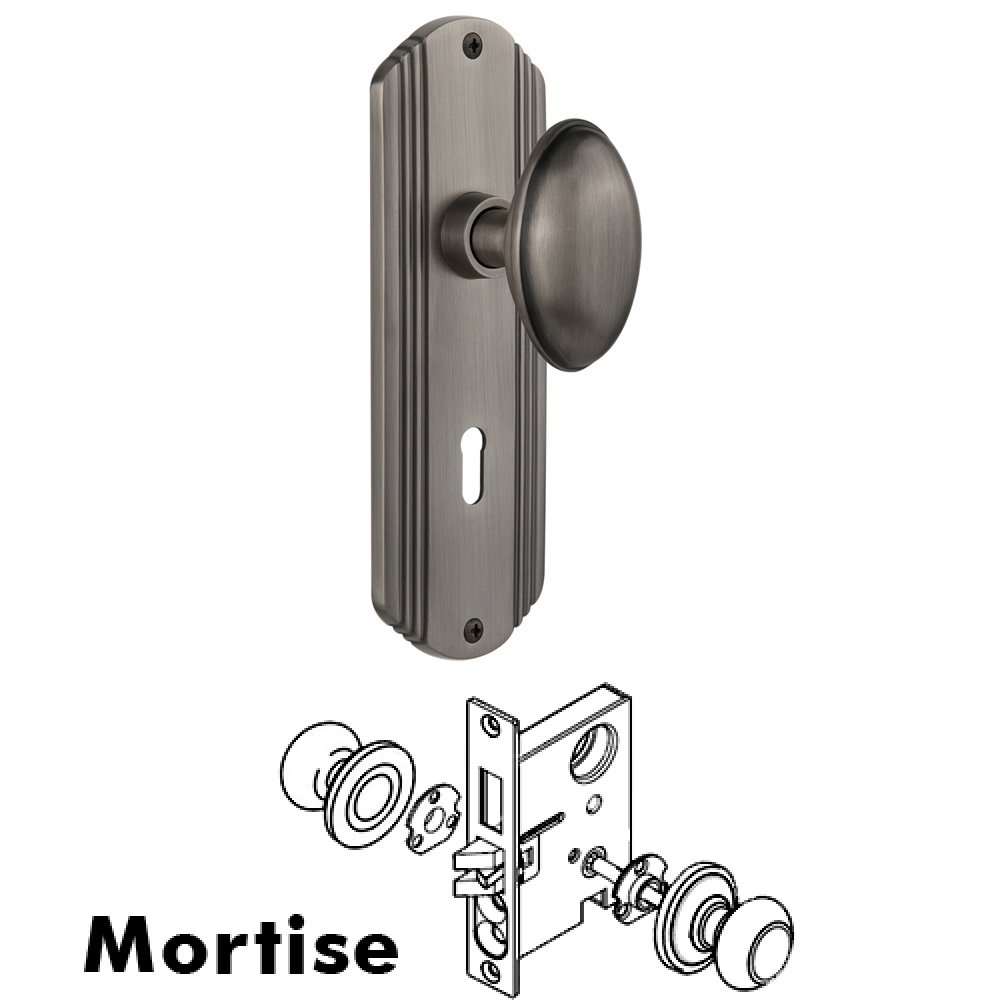 Complete Mortise Lockset - Deco Plate with Homestead Knob in Antique Pewter