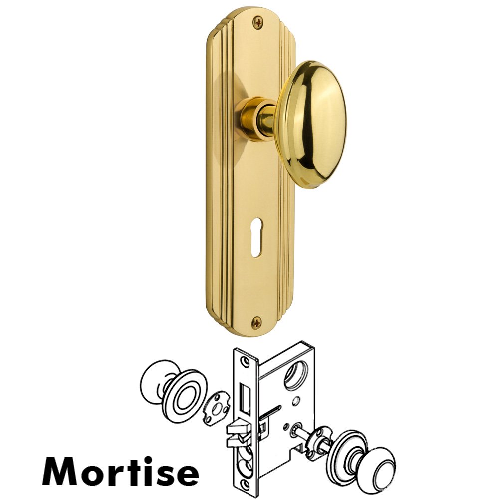 Complete Mortise Lockset - Deco Plate with Homestead Knob in Unlacquered Brass