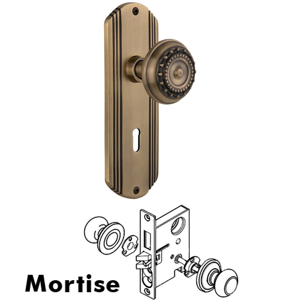 Complete Mortise Lockset - Deco Plate with Meadows Knob in Antique Brass