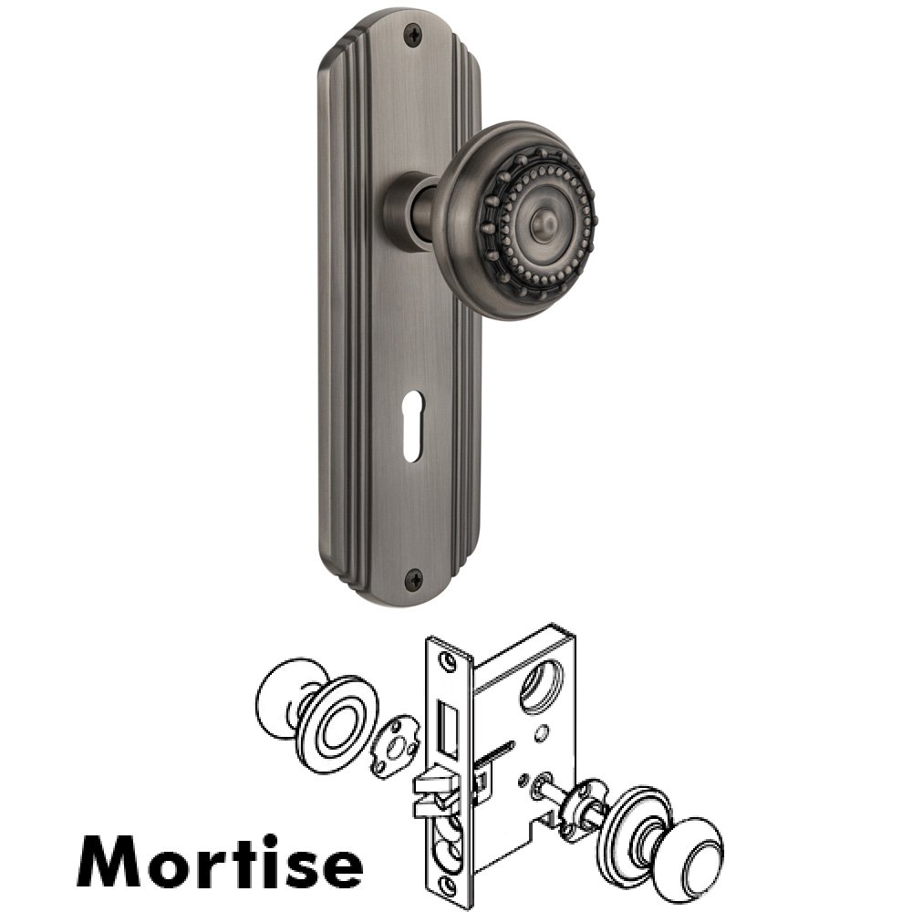 Complete Mortise Lockset - Deco Plate with Meadows Knob in Antique Pewter
