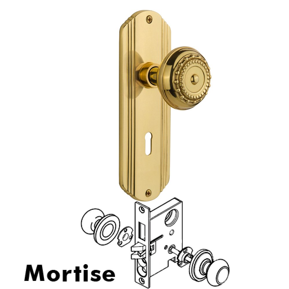 Complete Mortise Lockset - Deco Plate with Meadows Knob in Polished Brass