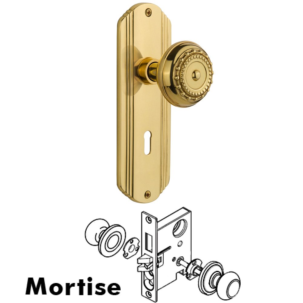 Complete Mortise Lockset - Deco Plate with Meadows Knob in Unlacquered Brass