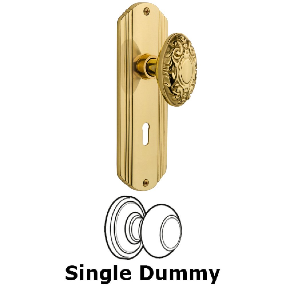 Single Dummy Knob With Keyhole - Deco Plate with Victorian Knob in Unlacquered Brass