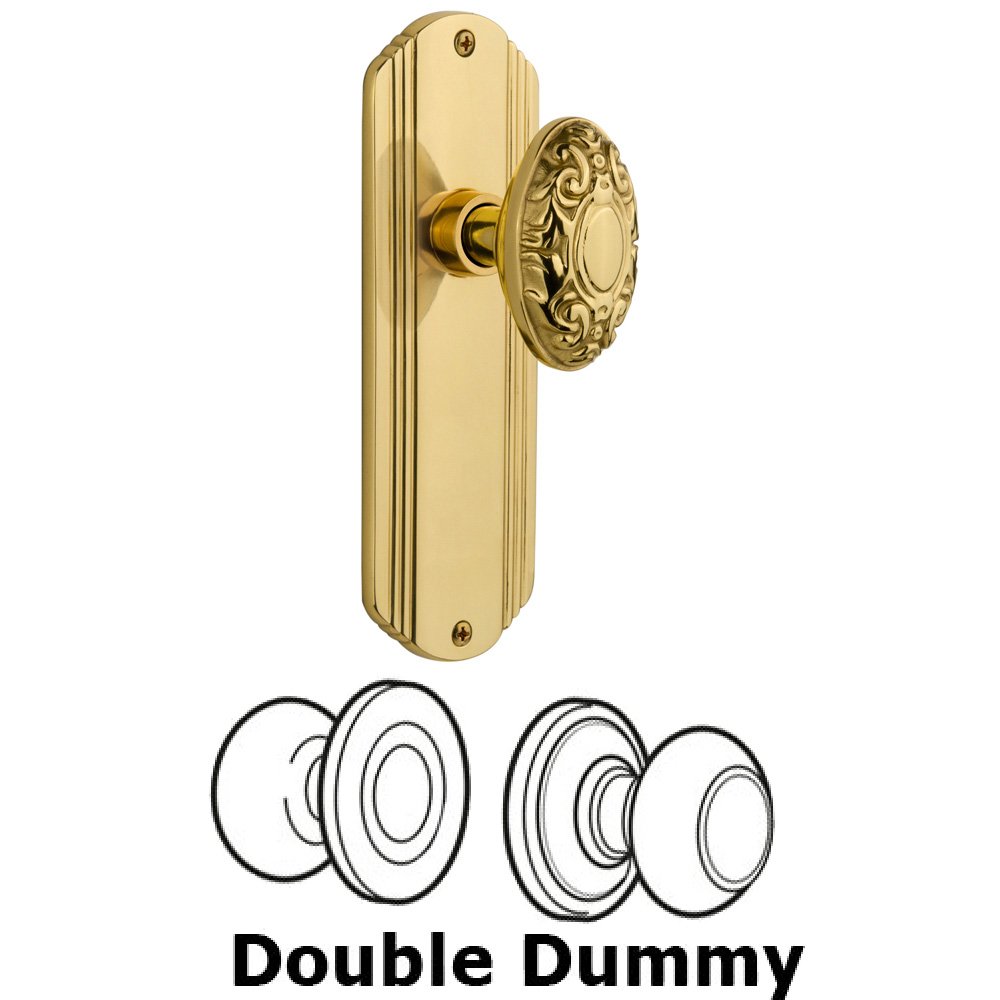 Double Dummy Set Without Keyhole - Deco Plate with Victorian Knob in Unlacquered Brass