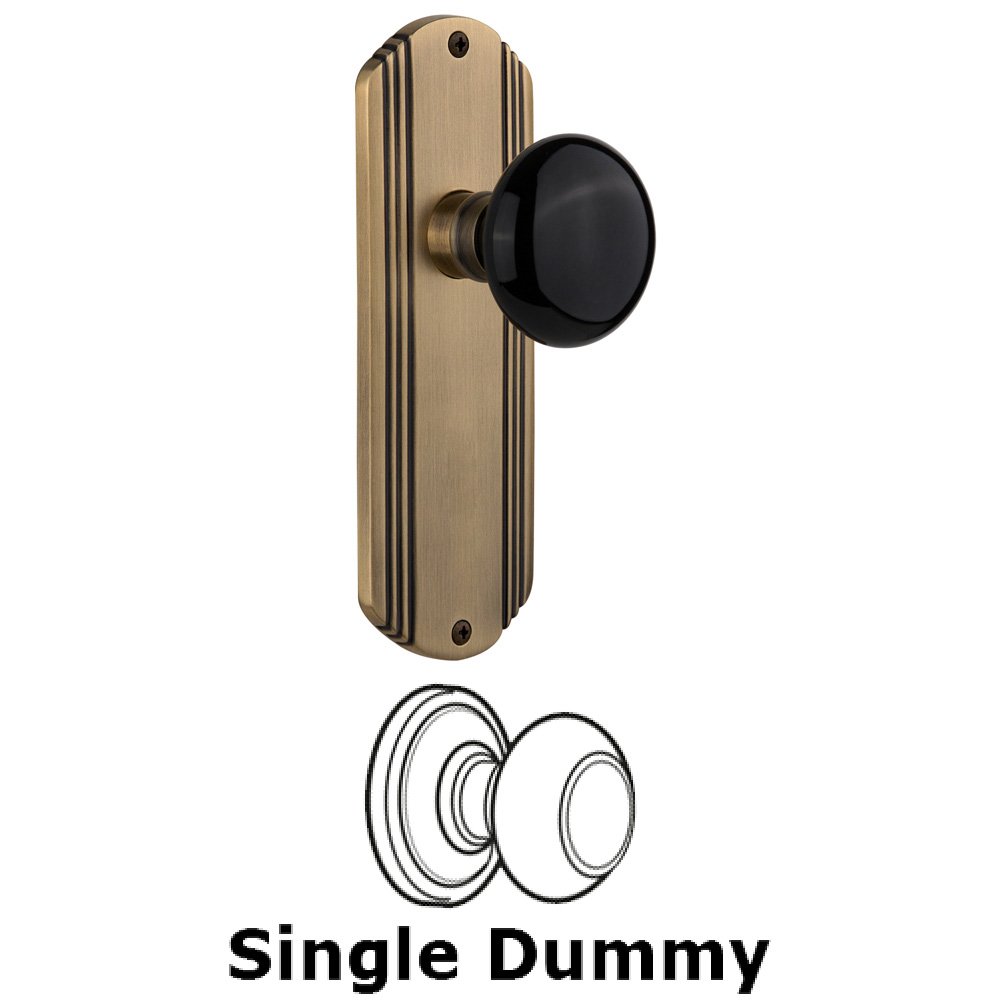 Single Dummy Knob Without Keyhole - Deco Plate with Black Porcelain Knob in Antique Brass