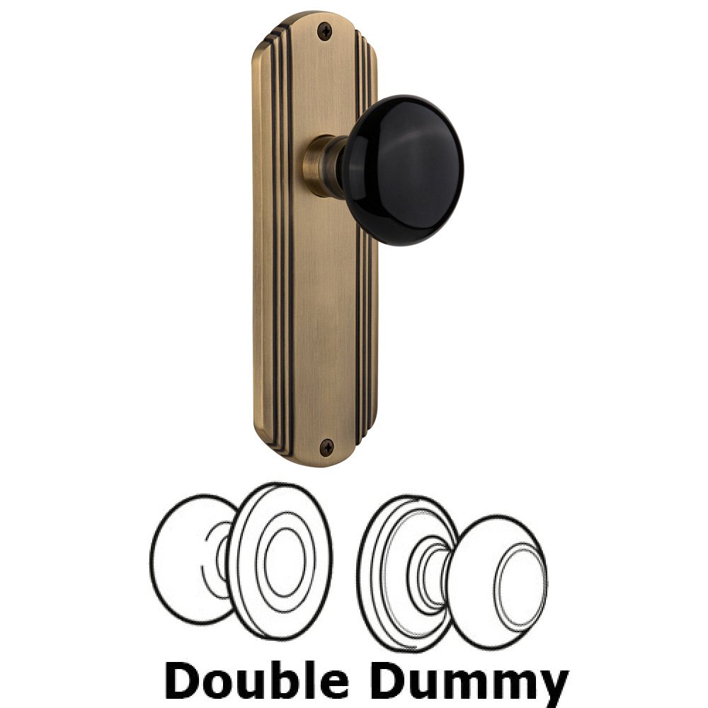 Double Dummy Set Without Keyhole - Deco Plate with Black Porcelain Knob in Antique Brass