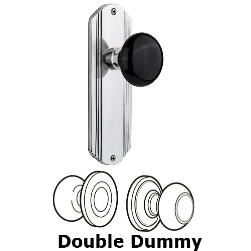 Double Dummy Set Without Keyhole - Deco Plate with Black Porcelain Knob in Bright Chrome