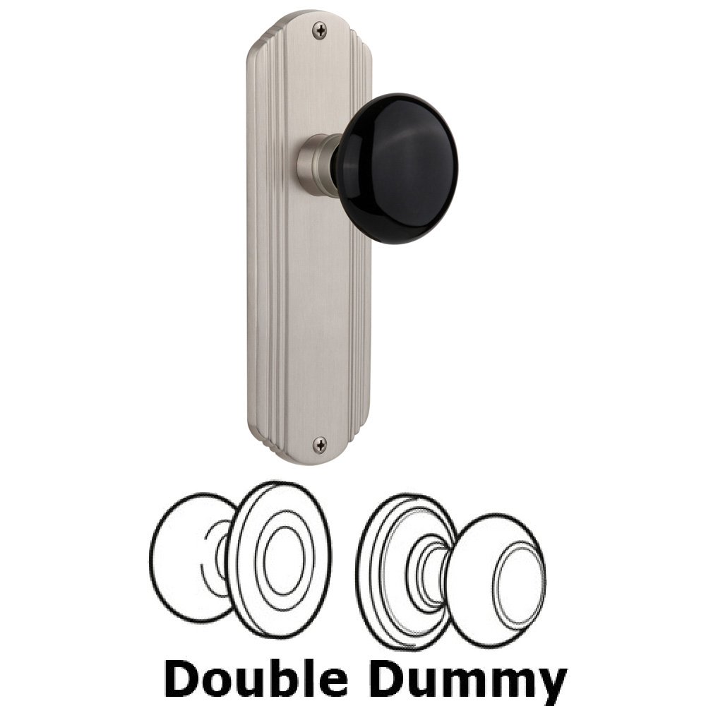 Double Dummy Set Without Keyhole - Deco Plate with Black Porcelain Knob in Satin Nickel