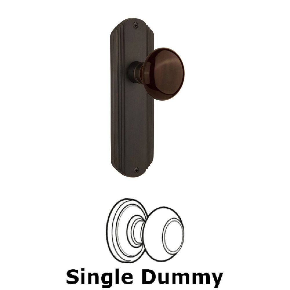 Single Dummy Knob Without Keyhole - Deco Plate with Brown Porcelain Knob in Oil Rubbed Bronze
