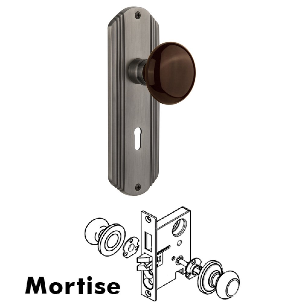Complete Mortise Lockset - Deco Plate with Brown Porcelain Knob in Antique Pewter
